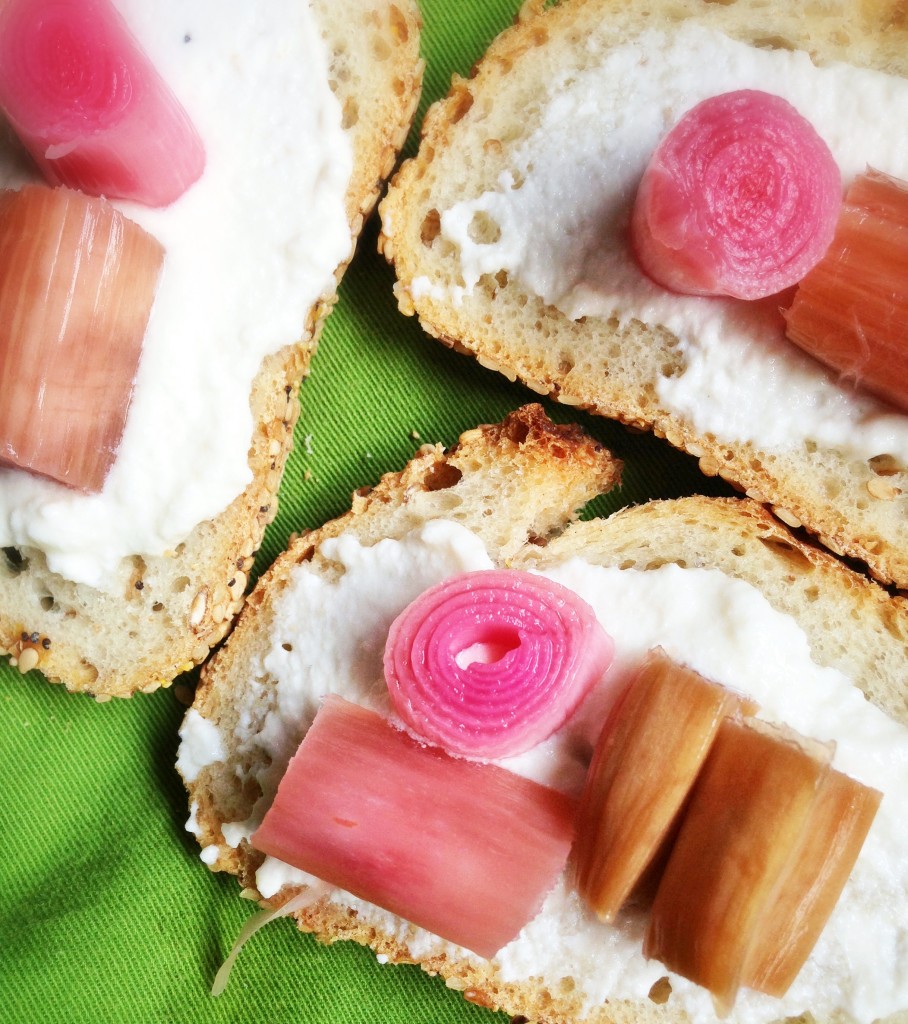 Lactofermented spring rhubarb pickle on whey ricotta toast