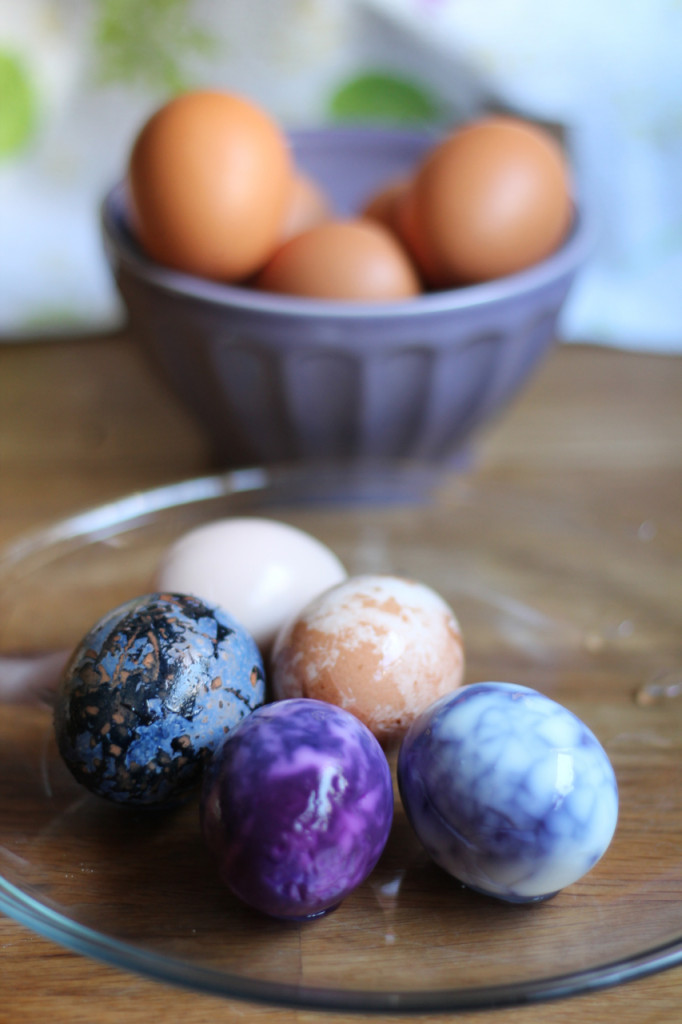 Clockwise from 12 o'clock: Pink pickled egg (brine), pink marbled egg (brine), Blue "tea" egg (sauerkraut), Purple pickled egg (sauerkraut) and marbled egg (sauerkraut)