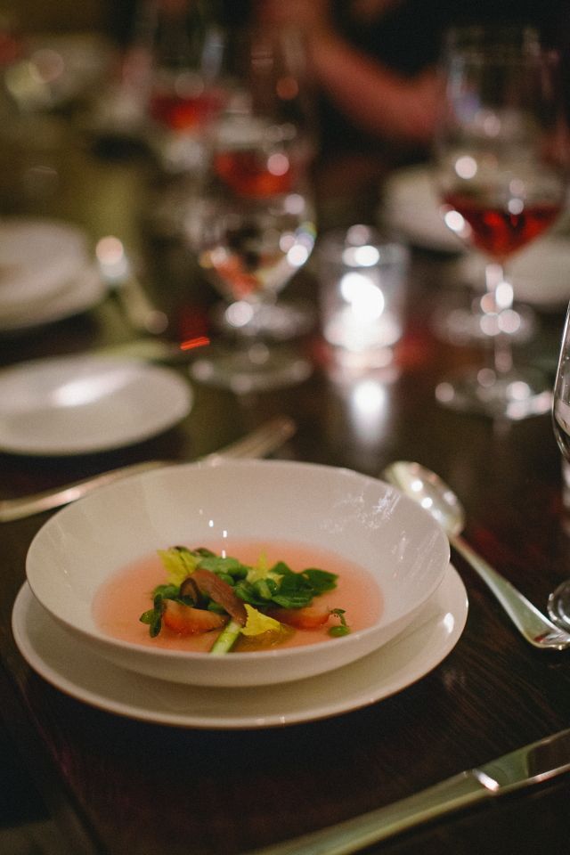 This rhubarb consommé was my favorite dish of the night (a hard choice, for sure). I would gobble this for dinner every Spring night if I could. Photo courtesy of Courtney Apple