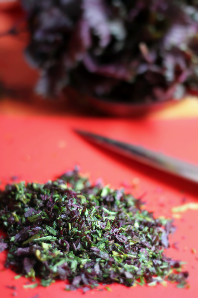Chop your herbs with a  sharp knife to avoid bruising them.