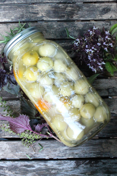 Green tomato pickles and herbs